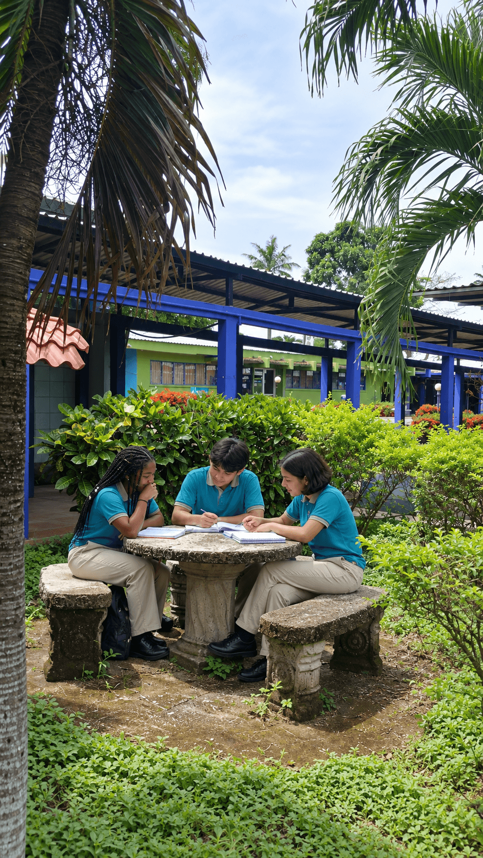 Estudiantes trabajando en equipo dentro del campus
