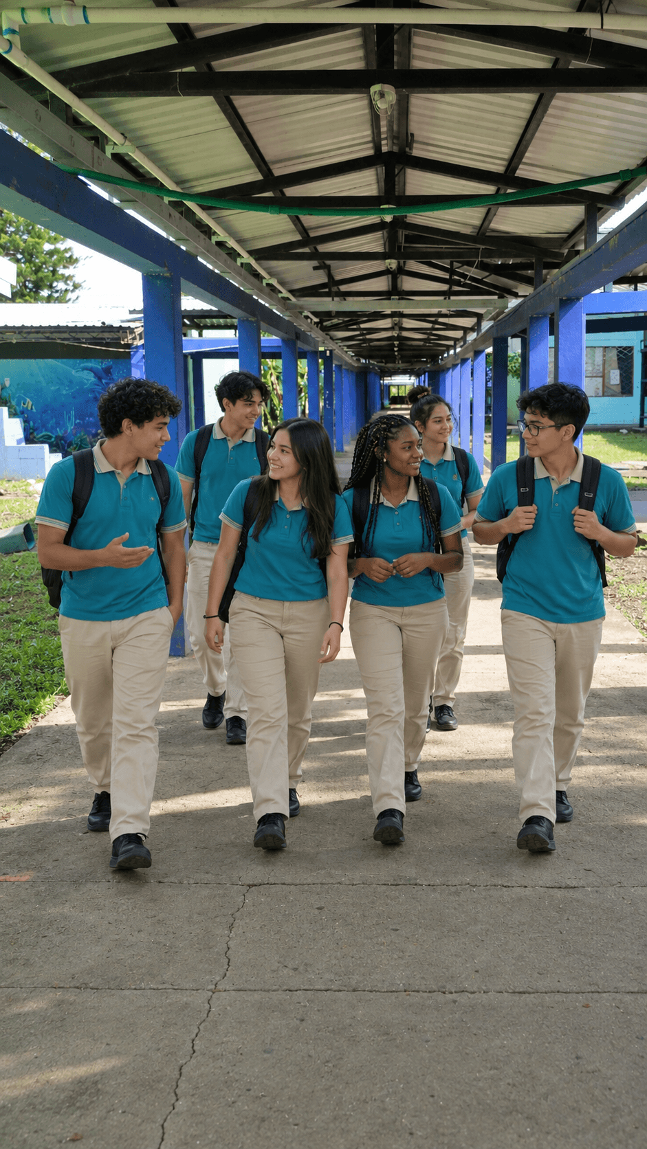 Estudiantes compartiendo en los pasillos de la institución