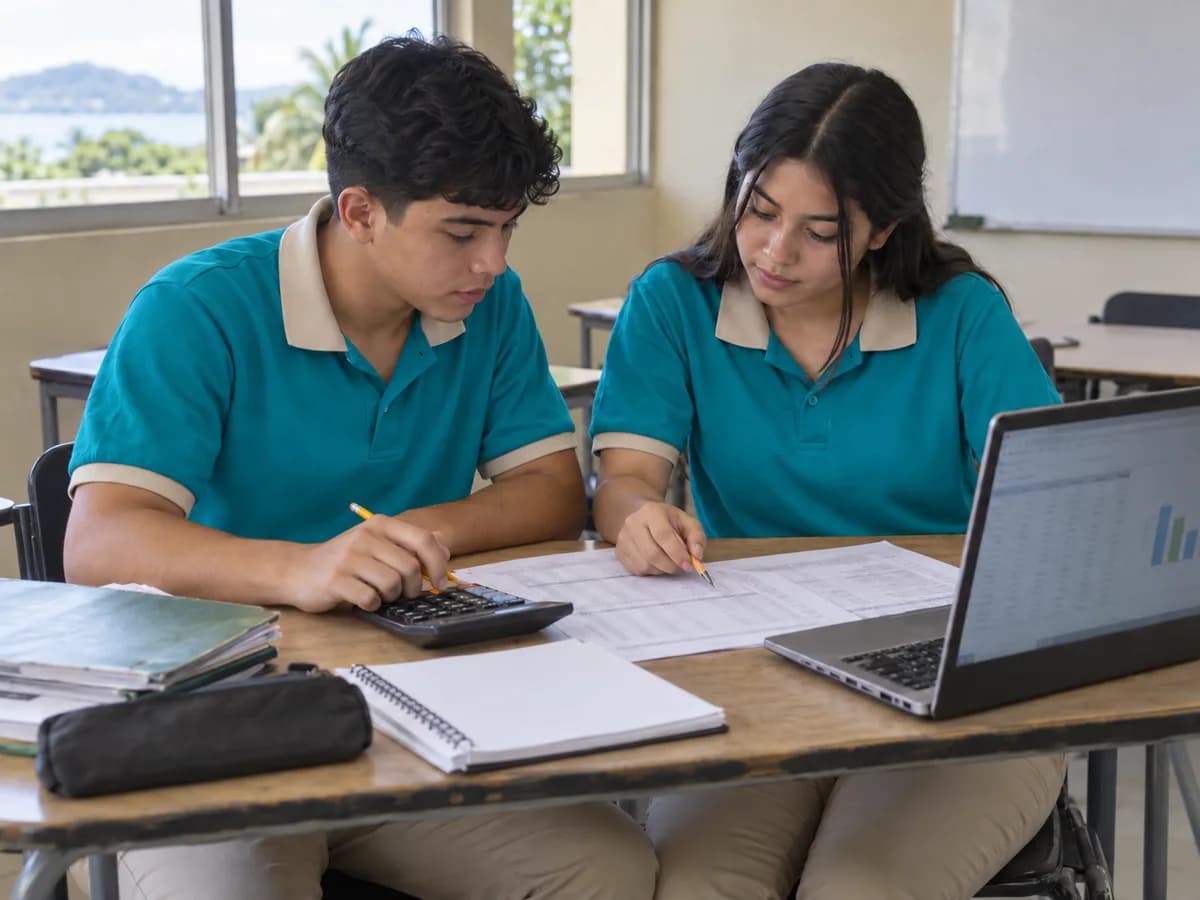 Estudiantes revisando registros y cálculos en una mesa de trabajo