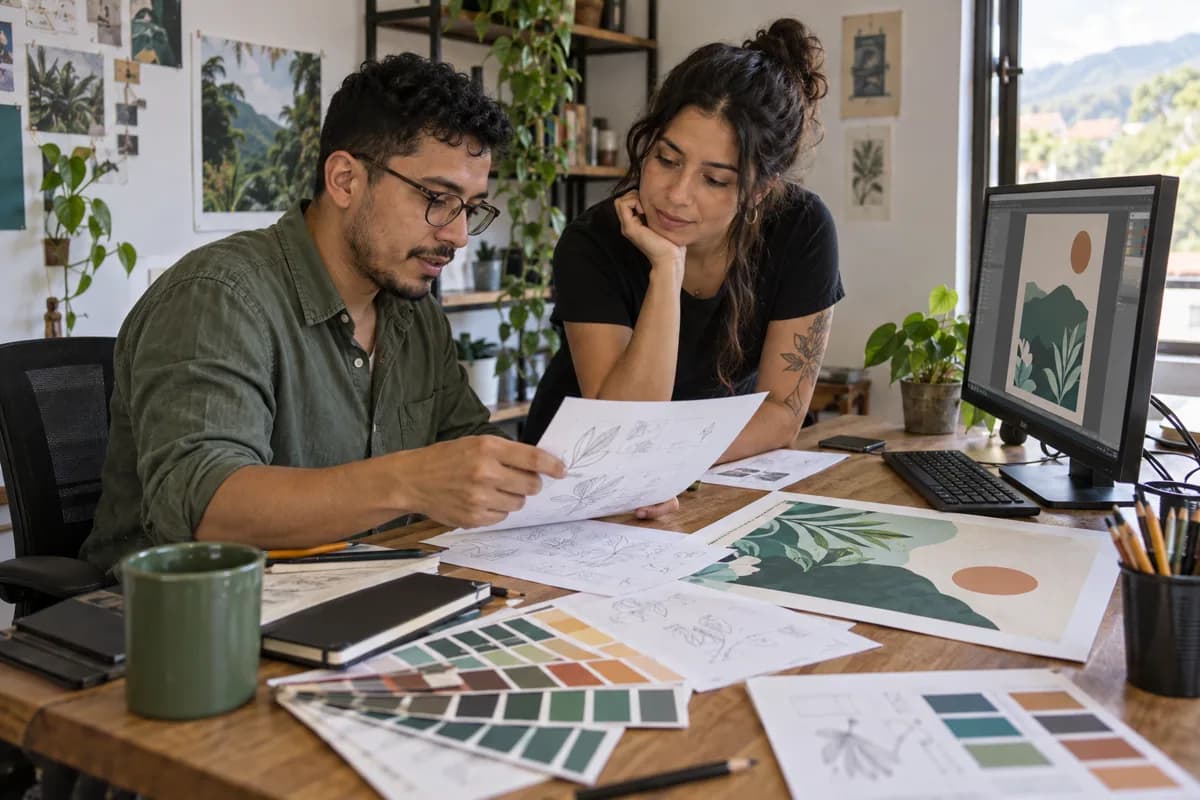 Dos profesionales adultos revisan bocetos de diseño publicitario en un espacio de trabajo sencillo