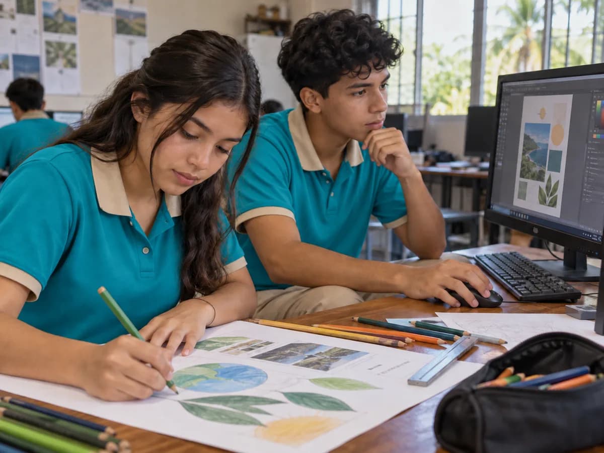 Estudiantes creando un diseño con bocetos y una computadora