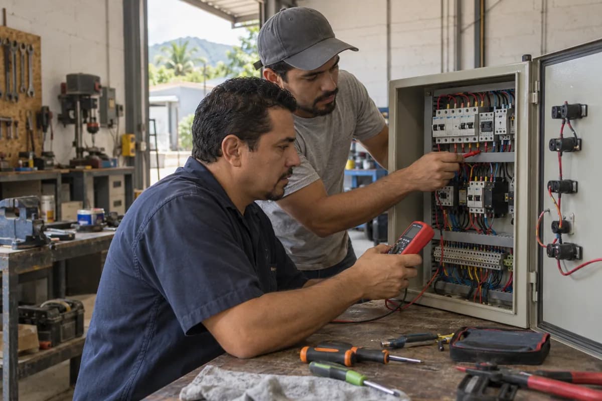 Dos técnicos adultos revisan un panel de control eléctrico en un taller modesto