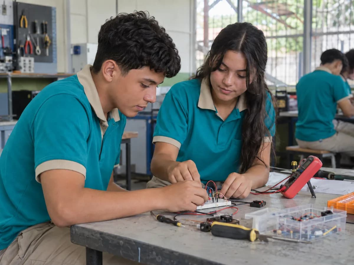 Estudiantes armando un circuito sencillo con componentes electrónicos