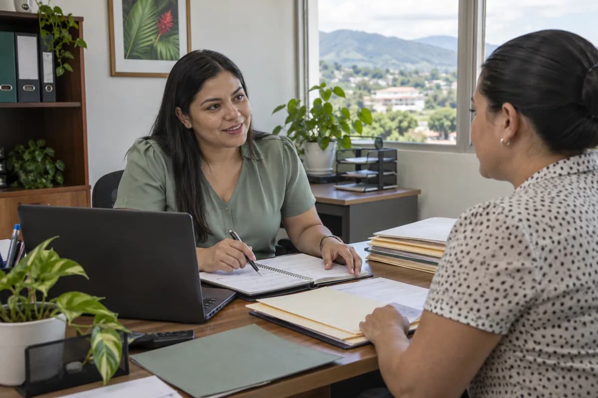 Profesional adulta de apoyo administrativo conversa con una persona en una oficina sencilla
