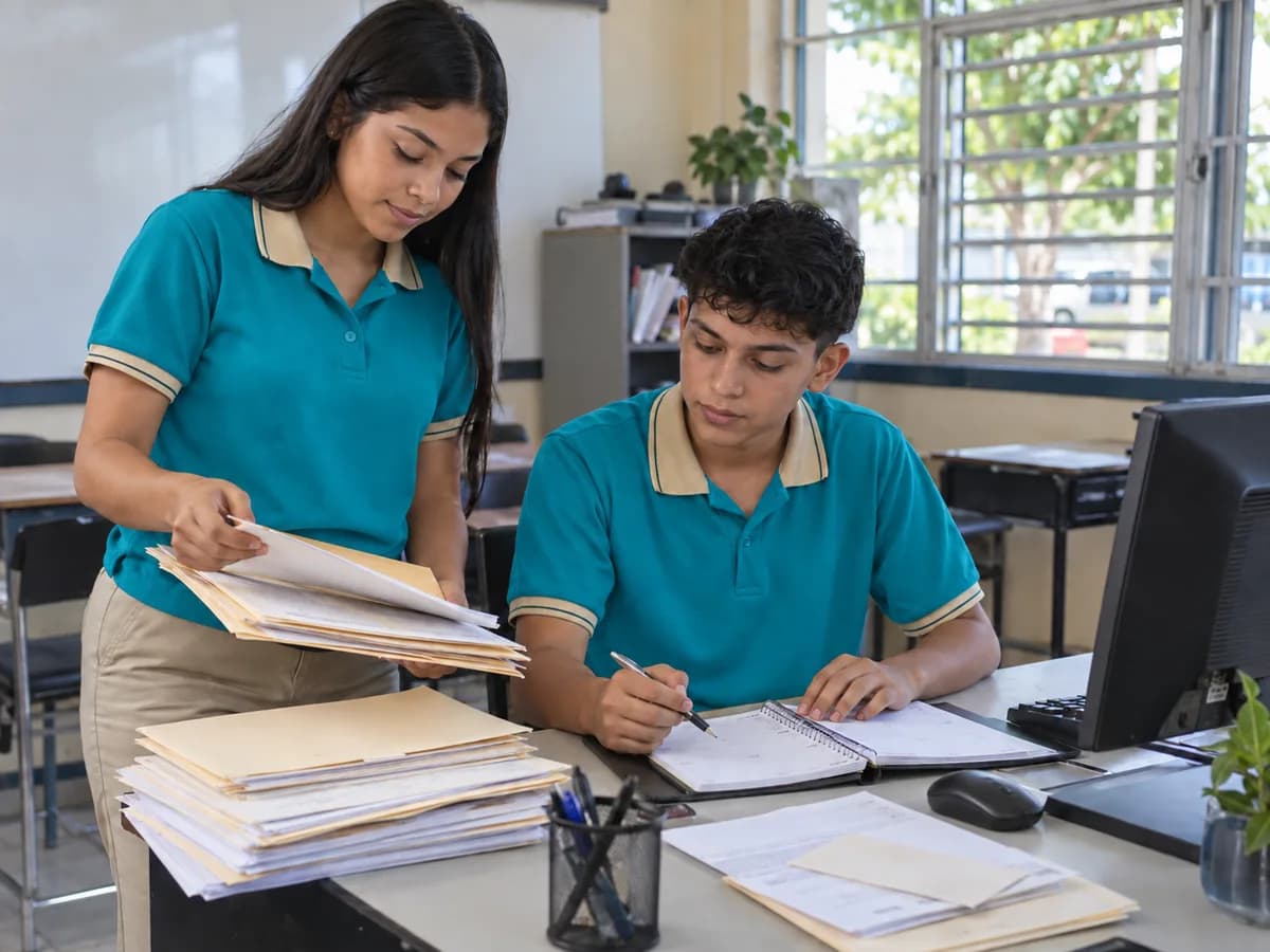 Estudiantes organizando documentos y una agenda en clase