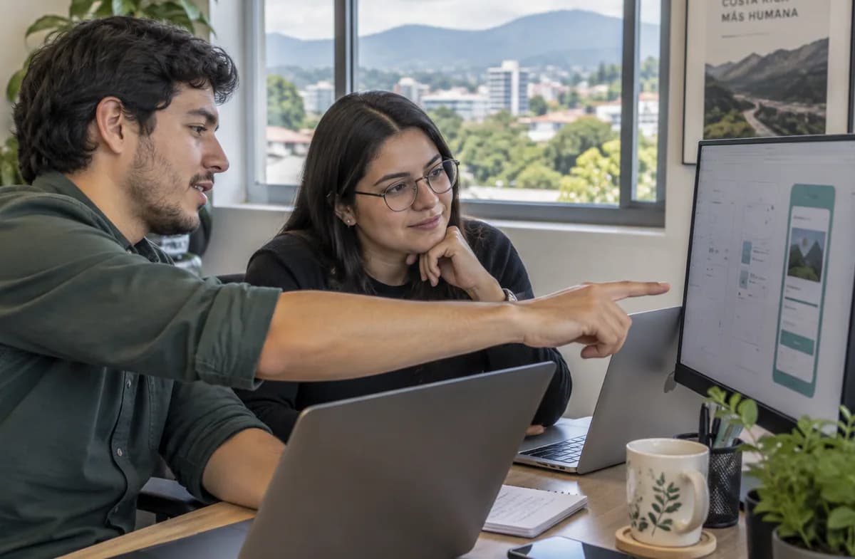 Dos profesionales adultos revisan el diseño de una aplicación en una oficina sencilla