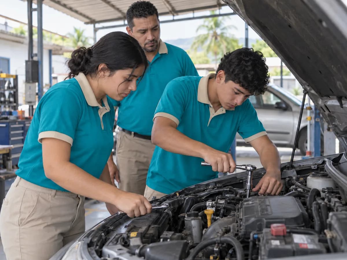 Estudiantes revisando un vehículo en un taller de aprendizaje