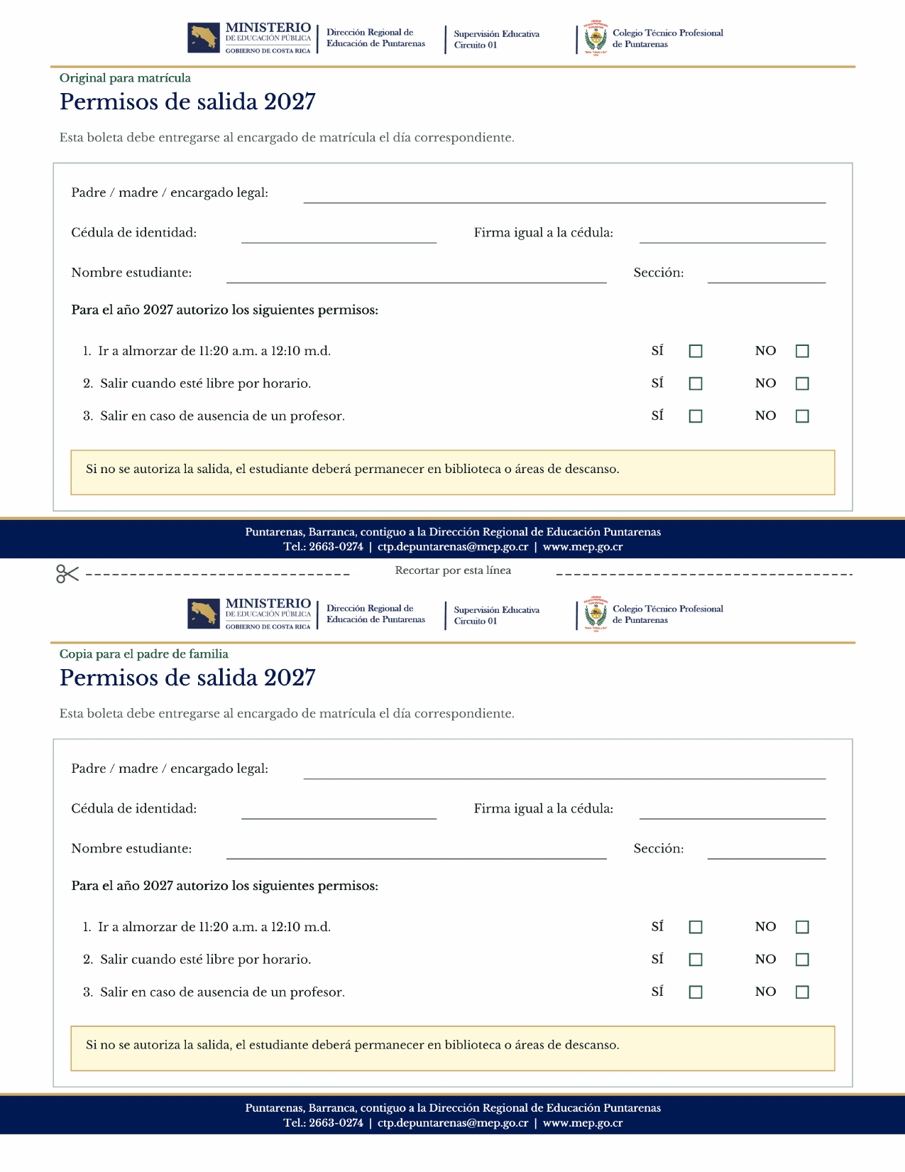 Vista previa del formulario Permisos de salida 2027