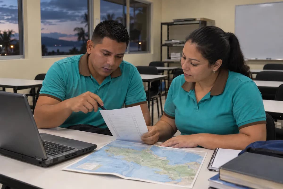 Dos estudiantes adultos revisan documentos y un mapa en un aula sencilla