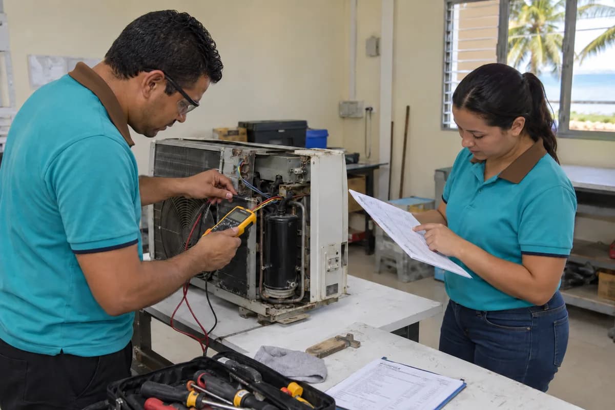 Estudiantes adultos revisan un equipo de aire acondicionado de práctica