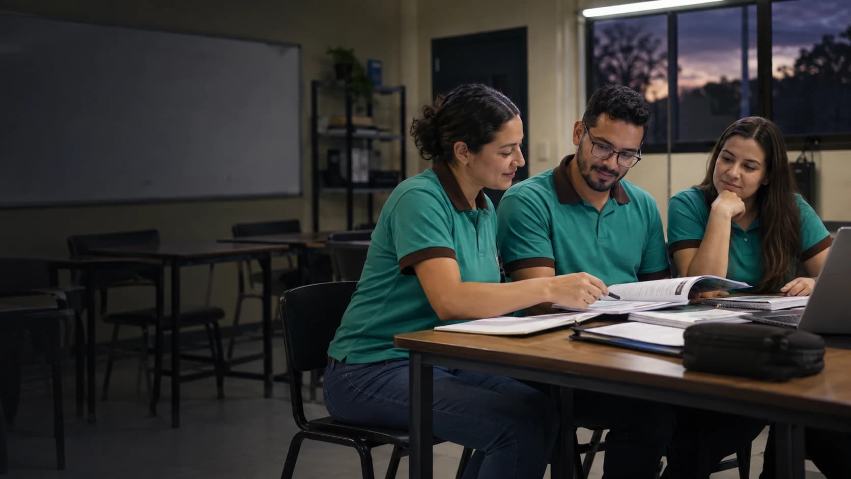 Tres personas adultas conversan sobre opciones técnicas en un aula ilustrativa