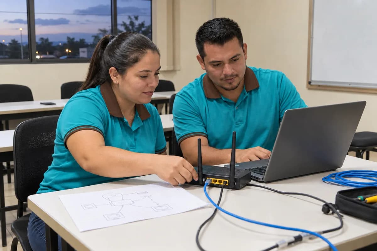 Estudiantes adultos conectan un equipo de red básico junto a una computadora