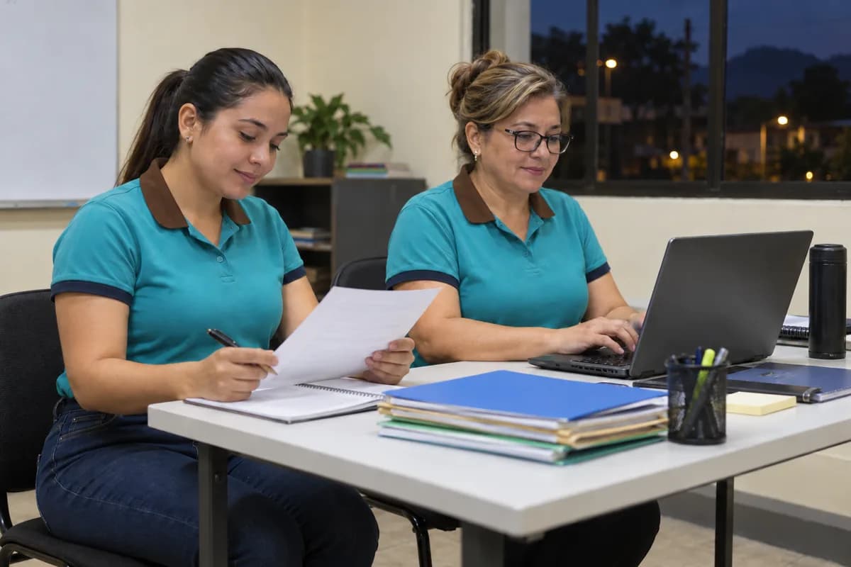 Estudiantes adultas organizan documentos y una agenda en un aula