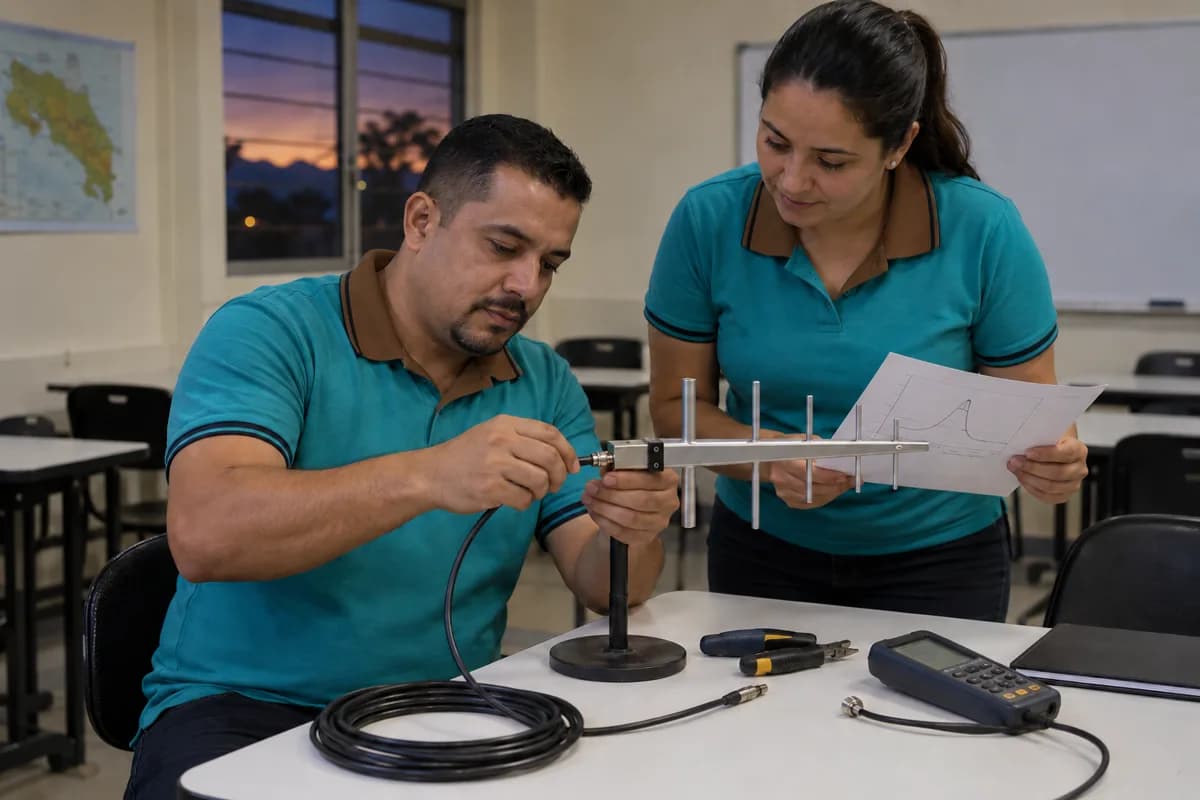 Estudiantes adultos observan una antena de práctica y un cable de señal