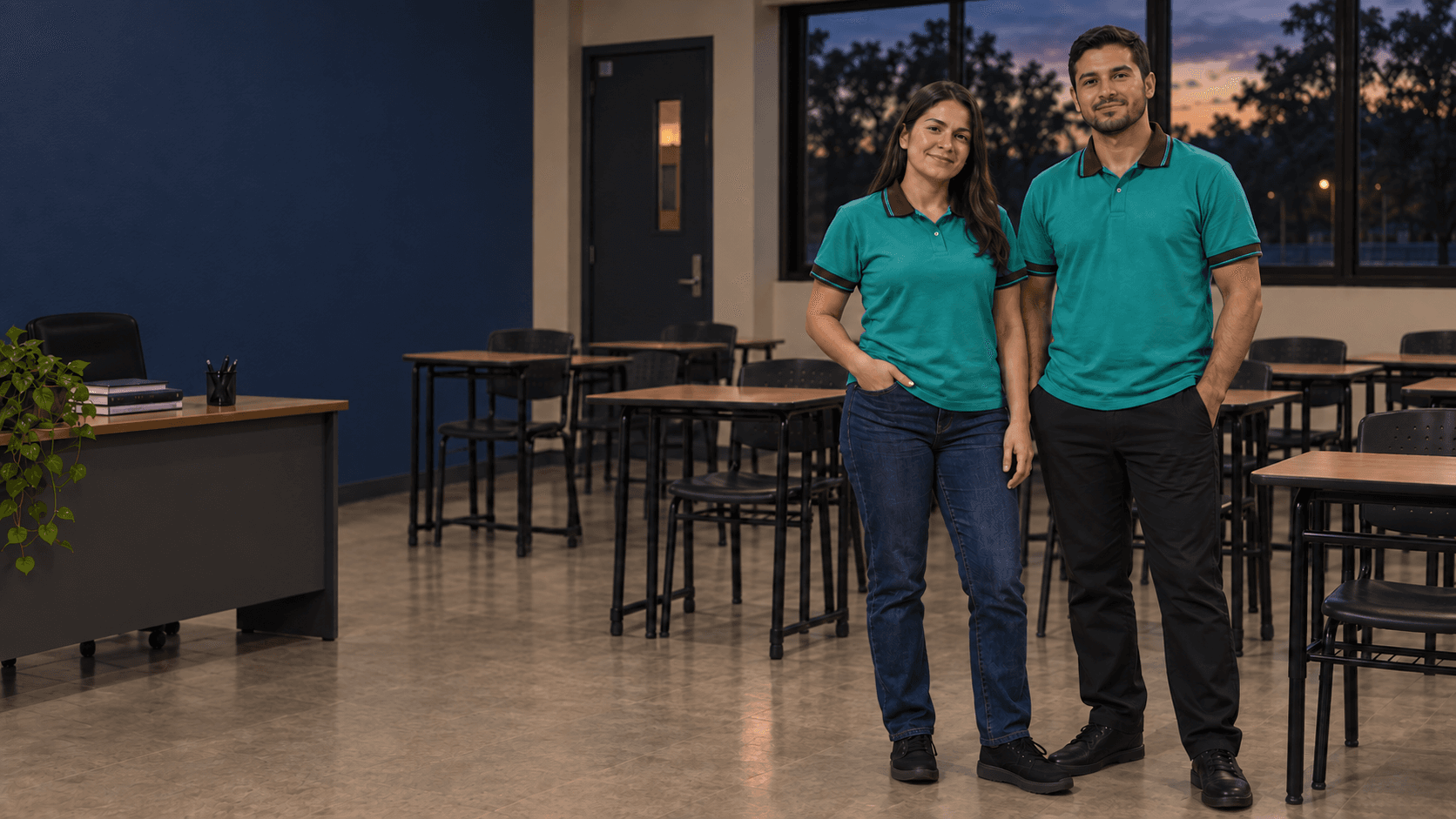 Dos personas adultas con polo verde jade de cuello café oscuro, una con pantalón largo azul y otra con pantalón negro, y calzado cerrado