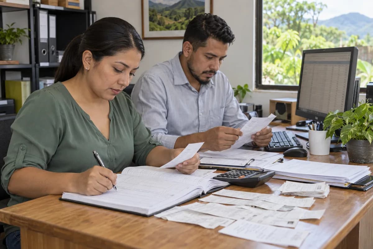 Profesionales adultos revisan comprobantes y registros contables en una oficina sencilla